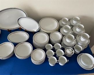 Harmony House ROMAIC Fine China from Japan. Silver Greek Key pattern on white. 12 piece place setting plus sugar & creamer, serving platter and bowls.  Classic in Great condition well taken care of.                                                                                                           $300.00 complete set