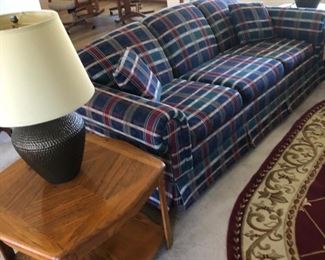 Blue, Red and Green checked sofa and Love seat.                         $400.00                                                                                                                  2 Oak end tables $125.00 pair