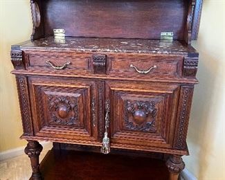 French Henri II Style Carved Walnut Marble Top Server, with hinged bar top