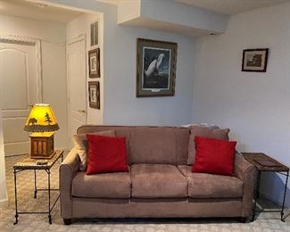 Bassett Microsuede 3 cushioned Sofa with wickered matching metal base end tables