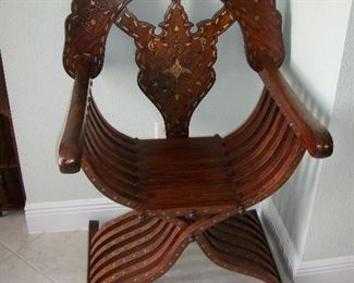 Antique/Vintage Syrian Savonarola Solid Rosewood Accent/Armchair with Brass and Copper inlay