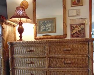 Rattan Dresser Mirror and Lamp
