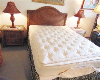Rattan Bed, 2 night stands 2 lamps .