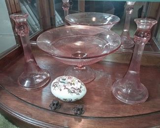 Pink Depression Candlestick Holders & Footed Compote Bowl