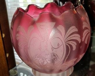 Antique Cranberry Glass Etched Lamp Shade