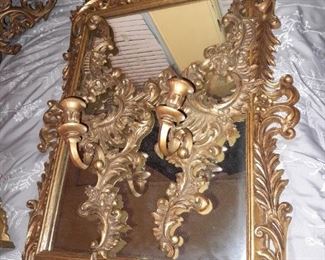 Gold Toned Carved Mirror & Candle Holder Set