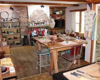 Wonderful array of Industrial Furniture including an antique drafting table, antique drafting stools, barnwood display shelf, etc.