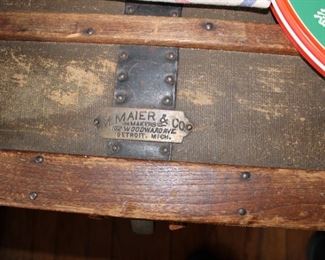 Antique trunk made in Detroit, labelled M MAIER & CO, MAKERS, 102 WOODWARD AVE, DETROIT, MICH