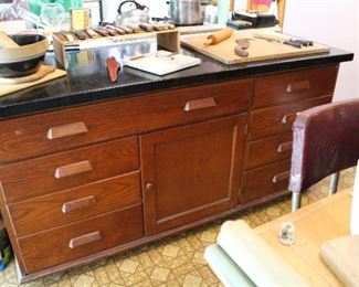 REHABBERS! Need a kitchen island?  This old oak science room cabinet is the solution to your problems!  Measures 6' long, 24" deep and 36" tall.  Open backed as it was designed to fit against a wall, the possibilities are ENDLESS for your own kitchen re-design around this fabulous piece.