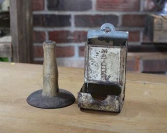 Antique hog scraper and tin match holder