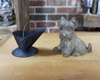Miniature coal scuttle and cast brass dog figure