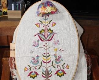 Large oval 1960's/1970's crewel embroidery in large oval hoop, unfinished, but with the supplies to finish it!