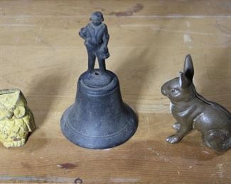 Old Owl Bank, Cast Iron Bell, and Cast Iron Rabbit bank