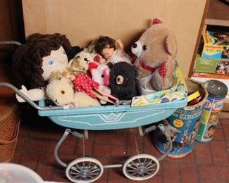 Stuffed animals, dolls, and doll buggy!