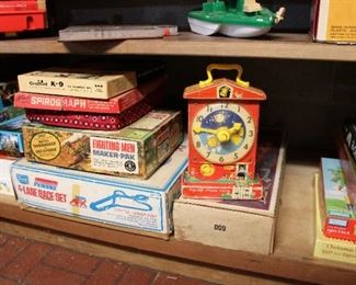 Old Spirograph, Fischer Price clock, Fighting Men Maker Pak, Penske 4 Lane Race Track, etc.