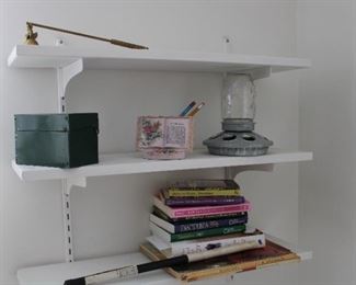 Recipe Box, vintage planter, chicken feeder, and books