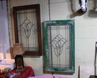 Pair of Leaded Glass Doors, original finish on one side, great old green paint on the other!