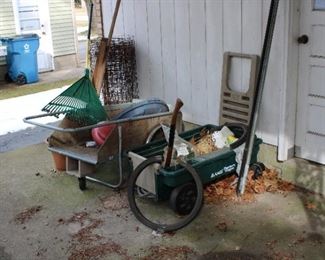 Yard items, planting wagon and cart
