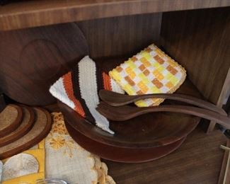 Mid Century woodenware and pot holders