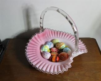 LARGE Fenton Glass Peachblow basket with faux bamboo handle