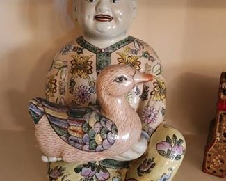 Chinese Famille Rose Porcelain Figure Chinese Boy with a Duck