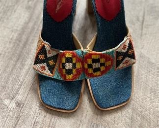 Beautiful beaded Bebe sandals with chunky heel 
