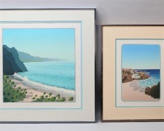 1	2 Doug West Serigraphs Coastal Landscapes	Doug West (American, California / New Mexico, 1947-). 2 serigraphs. Cabo Days, signed, dated 9/86, titled and numbered 73/120 in pencil in the lower margin, 13 3/4" x 10 1/2" (with frame 20 1/4" x 16 3/4"); La Mer, signed, dated 5/85, titled and numbered 70/130 in pencil in the lower margin, 17 1/2" x 17 1/4" (with frame 23 3/4" x 23 1/2").
