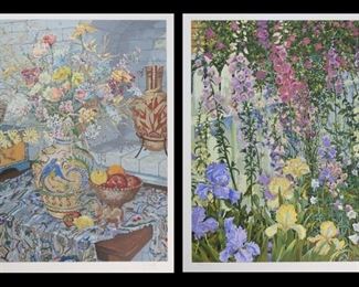 2	2 John Powell Serigraphs Flowers	John Powell (American, 20th / 21st century). 2 serigraphs of flowers. Still life, pencil signed lower right and numbered 214/295 in pencil lower left, image 29 3/4" x 23 1/2" (sheet 34 3/4" x 28 1/2"); Foxgloves & Irises, pencil signed lower right and numbered 55/395 in pencil lower left, titled in pencil lower right, image 30" x 23 7/8" (sheet 35 1/2" x 29"). Both unframed, still life glued to mount, foxing to margins of both.

