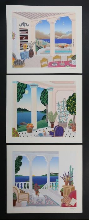 3	Three Thomas Mcknight Serigraphs	"Thomas Mcknight (1941-). 3 serigraphs.
""Desert Patio"", ""Plantation"", and ""Northern Summer""
Each pencil signed, lower right, and pencil numbered 57/950, lower left.
1990.
Unframed.
16 1/2"" x 18 1/2""
Very minor damage to some corners."
