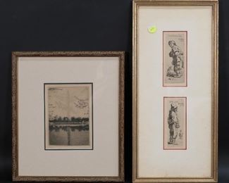 5	2 Piece Art Lot Rembrandt & Don Swann	Don Swann etching Washington Monument, pencil signed and numbered 205/300, 6" x 4 1/2" (with frame 23" x 10 3/8"); 2 prints after Rembrandt, A Peasant Calling Out and A Peasant Replying, each 4 3/4" x 2" (with frame 16 3/4" x 7 3/8").
