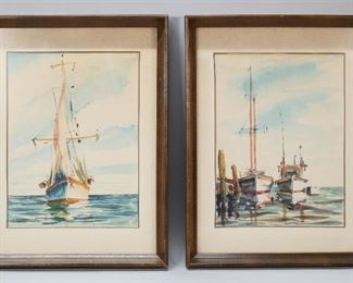 12	2 Watercolors Sailboats	2 watercolors of sailboats. Both signed illegibly. Each 12 1/4" x 9" (with frames 17 1/4" x 13"). Some foxing and discoloration to both.

