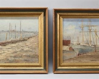 14	2 F.E. Parlow Oils on Board Harbor Scenes	2 oil on board harbor scenes. One signed F.E. Parlow lower right 11" x 16 1/4" (with frame 15 1/4" x 20 1/2"), one unsigned 10 1/2" x 15 1/2" (with frame 14 7/8" x 20").
