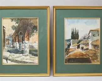13	2 Continental Watercolors Village Scenes	2 continental village scene watercolors. Both signed illegibly lower right. Each 12 1/4" x 9 1/4" (with frames 19" x 16").
