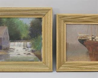 15	2 F.E. Parlow Oils on Board Harbor & Mill	2 F.E. Parlow oils on board. Harbor Scene, signed lower left and dated 1931, 7 3/8" x 11 1/2" (with frame 11 1/8" x 15 3/8"); mill, unsigned, 8 3/4" x 13 3/4" (with frame 12 1/2" x 17 1/2"). Scratch through roof of mill, minor chips and losses to frames.
