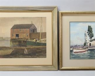 16	2 Coastal Scene Watercolors	2 coastal scene watercolors. Man with rowboat, unsigned, 13" x 9 3/4" (with frame 20 3/4" x 17 3/4"); Harbor scene, signed lower right F.E. Parlow and dated below the frame, 14" x 17" (with frame 22 1/2" x 25"). Some staining and discoloration to Parlow watercolor.
