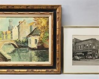 18	A.F. Packard Photograph & W. Stam Oil	2 piece art lot. A.F. Packard photo print New Bedford, A.F. Packard stamp on verso, 10 1/2" x 13 1/2" (with frame 16 1/2' x 20 1/2"); oil on canvas Continental cityscape, signed lower right W. Stam, 15 3/8" x 19 1/2" (with frame 24" x 28").
