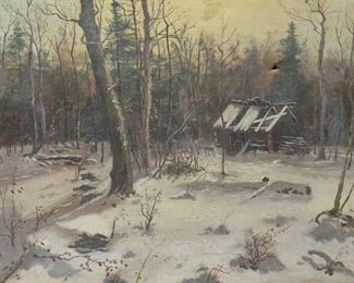 22	Oil on Canvas Winter Cabin in Woods	"Oil on canvas of a run-down cabin in a snowy forest scene. Unsigned. Two holes to canvas. Wear and dirt throughout surface. 

15"" x 20"""
