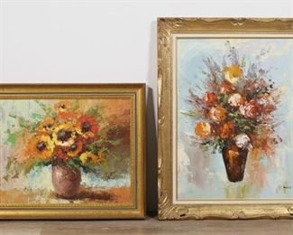 19	Two Oils Floral Bouquet in Vase One Signed Wells	"Two oils Floral Bouquets in Vases.
Vase with blue background. Signed Wells lower right. Sight Size: 18"" x 24"".
Floral Vase with orange background sight size:19.5"" x 15.5"", framed 24"" x 20"".
Line across paint with some cracking and crazing to paint.  Wear and  nicks to frame."
