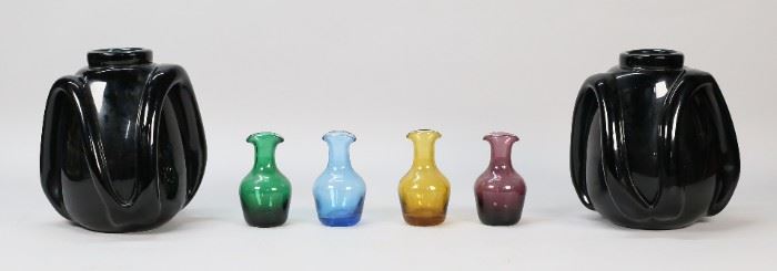 27	Pair of Art Glass Vases & 4 Bottles	Pair of art glass vases, unsigned, each 7 3/8"H; with 4 colored glass bottles, each 3 7/8"H.
