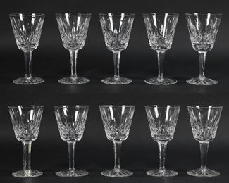 31	10 Waterford Lismore Crystal Claret Wine Glasses	10 Waterford Lismore crystal claret wines, 1 with paper label.  No chips or cracks, surface scratches from light use. 5 7/8"
