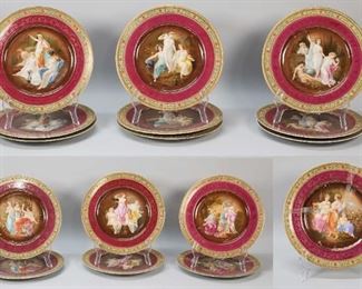 36	16 FBS Czechoslovakia Scenic Porcelain Plates	Set of 16 hand painted scenic Continental porcelain plates. All marked FBS Czechoslovakia and signed Verney. Each 10 7/8"-diameter. 2 plates with cracks and repairs, losses to scenic decoration throughout all.
