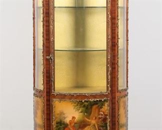 51	Louis XV Style Curio Cabinet	"Louis XV style curio cabinet. French, 20th century. Brass mounts, two glass shelves, painted scene of lovers on front signed ""Aroso S."" lower right in image. Original French manufacturer's label on back of cabinet. Wear to glass shelves. Light staining to interior upholstery. Light scratches to glass on door and left and right sides. Small chips and scuffs to wood on lower front apron and legs. Scratches to wood on right side of cabinet. Paint loss and scratches to scene of lovers. Lighting has not been tested. Door does not lock properly. Back separating from cabinet.  

25 5/8"" W x 14"" D x 64 3/4"" H 

"
