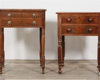 50	Two American Work Tables	"Two American work tables. 19th century. Two drawers on each, one with carved knob pulls, the other with later brass lion form pulls. Scratches, marks, stains, lines,  pitting and wear throughout wood of both tables. Splitting and cracks to wood on tops of both tables. Chips and loss to wood and veneer on two corners of largest table. Chips and loss to wood and veneer on drawer fronts of smaller table. White paint to front right foot of smaller table. Top of smaller table is slightly loose.

Largest table: 23"" W x 18"" D x 30 3/4"" H. Smaller table: 22 1/4"" W x 17 5/8"" D x 29 1/4"" H.

"
