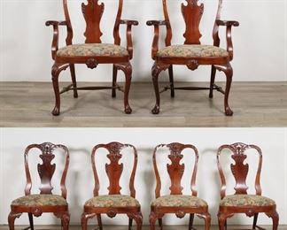 55	Set of 6 19th Century Chippendale Style Chairs	"Set of 6 19th century Chippendale style chairs, two with arms. Mahogany and later upholstered seats. Seats are reinforced on underside with modern hardware. Refinishing throughout all chairs. Chips, scratches, nicks, and wear throughout wood of all chairs. Loss to wood on back left leg of one armchair. Scuffs and chips to wood on pad feet of all chairs. Split to wood next to shell motif on right leg of one armchair. 

23 1/2"" W x 24 1/2"" D x 40"" H, seat height 20 1/2"". Armchair measures 28 1/2"" W x 24 1/2"" D x 40"" H, seat height 20"", arm height 27 3/4""."
