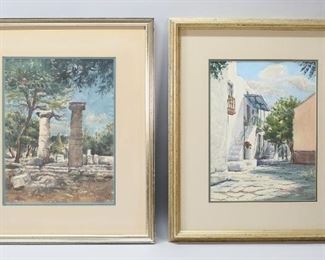 59	Pair of Watercolors of Greece Signed Illegibly	"Pair of  Watercolors of Greece. Signed illegibly in red. 
Sight size: 10.5"" x 13.25"" Framed: 17.5"" x 20.75"",
Village Scene Sight Size: 9.75"" x 13"" framed  17.75"" x 20.75"".
Mats discolored and stained on both. Frames worn with some scratches."
