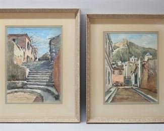 61	Pair of Watercolors of Greece Signed Illegibly	"Pair of  watercolors of Greece Village. Signed illegibly.
Village with Mountain Sight Size: 10"" x 13.25"" framed: 17"" x 20.75"", 
Village with Stairs Sight Size: 10"" x 14.25"" framed: 17.75"" x 21.75"".
Staining and discoloration to Mats.
"

