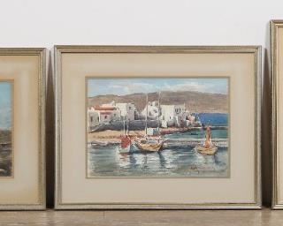 62	Three Watercolors of Greece Signed Illegibly	"Three Watercolors of Greece signed illegibly.
Windmill Sight Size: 13.5"" x 10"" framed: 21"" x 17.25"",
House with Purple Flowers Sight Size:  10"" x 13"" framed 17"" x 20.25"", 
Boat Scene Sight Size: 15"" x 10.5""  framed: 22"" x 17.5"".

Mats are strained and discolored and frames show scratches and wear."
