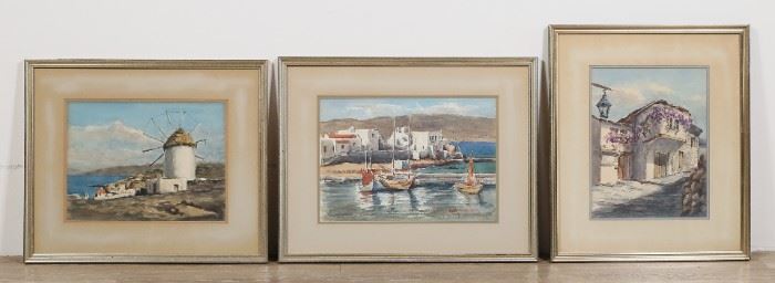 62	Three Watercolors of Greece Signed Illegibly	"Three Watercolors of Greece signed illegibly.
Windmill Sight Size: 13.5"" x 10"" framed: 21"" x 17.25"",
House with Purple Flowers Sight Size:  10"" x 13"" framed 17"" x 20.25"", 
Boat Scene Sight Size: 15"" x 10.5""  framed: 22"" x 17.5"".

Mats are strained and discolored and frames show scratches and wear."
