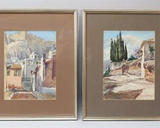 63	Pair of Watercolors of Greece Signed Illegibly	"Pair of  watercolors of Greece. Signed illegibly in red.
Both village scenes in Greece.
Village with Trees Sight Size: 10.25"" x 8""  Framed: 14"" x 16.5"",
Village with Mountain Sight Size: 7.75 x 10.25 Framed: 14"" x 16.5"",
Staining and discoloration to mats and scratches and wear to frames
"
