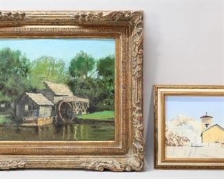 65	2 Oils on Board Church & Mill	2 oils on board. Both unsigned. Church in winter landscape, 9 1/2" x 13 1/2" (with frame 12 7/8" x 16 3/4"); mill, 15 1/2" x 19 1/4" (with frame 24" x 28").
